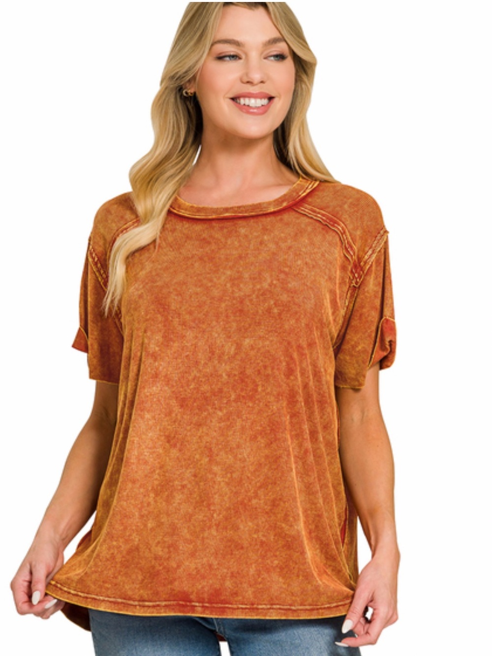 191 Zenana rust WASHED RIBBED CUFFED
SHORT SLEEVE ROUND NECK
TOP
